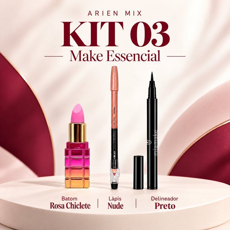 Kit Make Essencial com batom Rosa Chiclete, lápis Nude e delineador preto